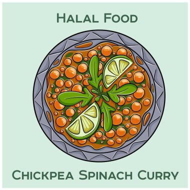 İçinde taze nohut ve taze ıspanak bulunan lezzetli bir helal yemek, aromatik köri soslu, pirinçli ve naan soslu..