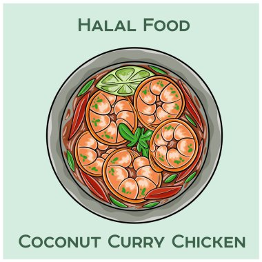 Hindistancevizli körili tavuk, lezzetli helal bir yemektir. Zengin, kremalı hindistan cevizli köri soslu, aromatik baharatlı tavuk.