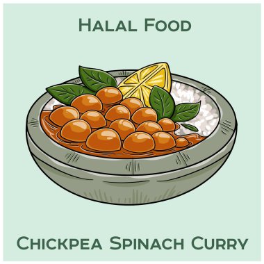 İçinde taze nohut ve taze ıspanak bulunan lezzetli bir helal yemek, aromatik köri soslu, pirinçli ve naan soslu..