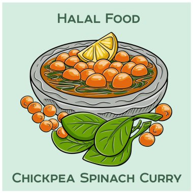 İçinde taze nohut ve taze ıspanak bulunan lezzetli bir helal yemek, aromatik köri soslu, pirinçli ve naan soslu..