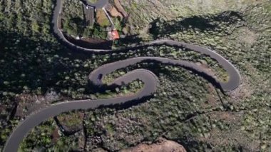 Yol kenarında bitki örtüsü olan bir ada cennetinde virajlı bir yoldan geçen bir araba..