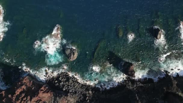 Blick Auf Die Küste Einer Vulkaninsel Die Meereswellen Sanft Gegen — Stockvideo