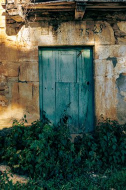 Yıpranmış yeşil ahşap bir kapı, taşralı bir duvarın içinde, aşırı gelişmiş bitkilerle çevrili, sessiz bir köyde sıcak güneş ışığıyla aydınlatılmış..