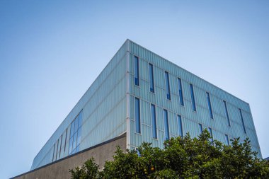 Temiz çizgileri ve yansıtıcı pencereleri olan, açık mavi gökyüzünün altında yeşilliklerle çevrili modern camdan bir bina. Çağdaş mimariyi gösteren gösteriler.