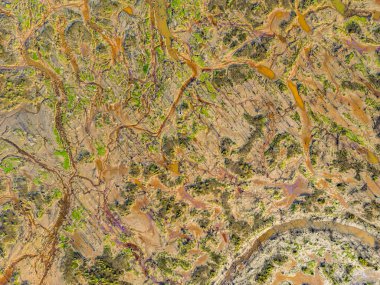 Çarpıcı bir hava görüntüsü bataklığın karmaşık ve renkli desenlerini yakalıyor. Topraksı tonlar, yeşil yamalar ve dolambaçlı su yollarının karışımı soyut bir doğal bileşim yaratır..