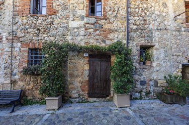 Tuhaf bir köy sokağında yeşil ve taş duvarlı büyüleyici bir köy kapısı..