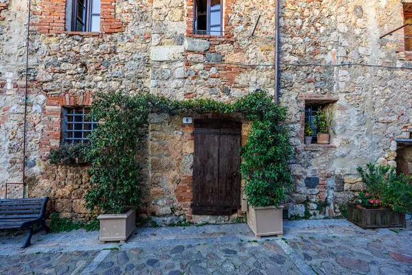 Tuhaf bir köy sokağında yeşil ve taş duvarlı büyüleyici bir köy kapısı..