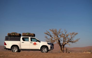 Güneşli bir günde Namib Çölü 'nün kırmızı kumlarında beyaz bir off-road arabası duruyor. Sossusvlei, Namibya