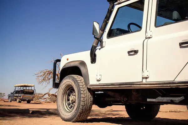 Güneşli bir günde Namib Çölü 'nün kırmızı kumlarında beyaz bir off-road arabası duruyor. Sossusvlei, Namibya