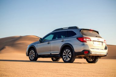 Subaru  standing in the middle of the desert. Walvis Bay, Namibia. Africa 