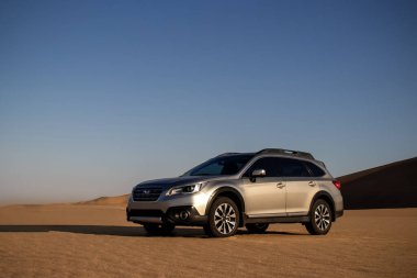 Subaru  standing in the middle of the desert. Walvis Bay, Namibia. Africa 