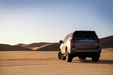 Toyota Fortuner  standing in the middle of the desert. Walvis Bay, Namibia. Africa 