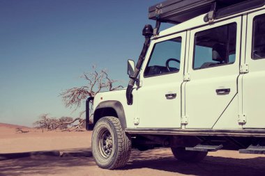 Güneşli bir günde çölün ortasında beyaz bir off-road arabası.