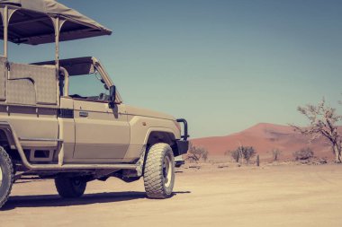 Güneşli bir günde çölün ortasında kahverengi bir off-road arabası.