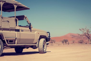 Güneşli bir günde çölün ortasında kahverengi bir off-road arabası.