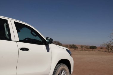 Güneşli bir günde Namib Çölü 'nün kırmızı kumlarında beyaz bir off-road arabası duruyor. Sossusvlei, Namibya