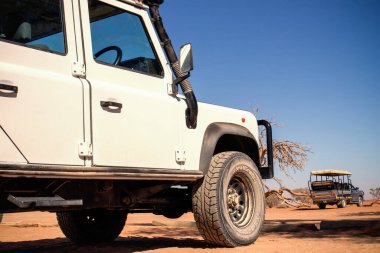 Güneşli bir günde Namib Çölü 'nün kırmızı kumlarında beyaz bir off-road arabası duruyor. Sossusvlei, Namibya