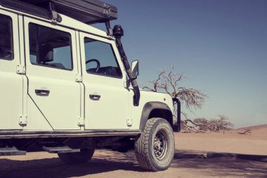 Güneşli bir günde çölün ortasında beyaz bir off-road arabası.