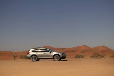 Güneşli bir günde Namib Çölü 'nün altın kumlarında gri bir araba duruyor. 29.08.2021. Sossusvlei, Namibya