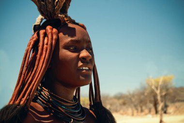 Namibya 'daki Himba kadınının özgün bir görüntüsü. Geleneksel boyası ve el yapımı aksesuarları var. Afrika 'nın zengin kabile kültürü ve kadınsı gücü hakkında gerçek bir içgörü..