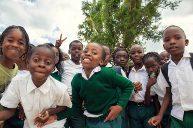 Üniformalı neşeli Afrikalı öğrenciler dışarıda keyifli bir anın tadını çıkarıyorlar. Doğal ışıkta yakalanan bu gerçek görüntü öğrenmeyi, dostluğu ve gençliğin coşkulu ruhunu yansıtıyor..