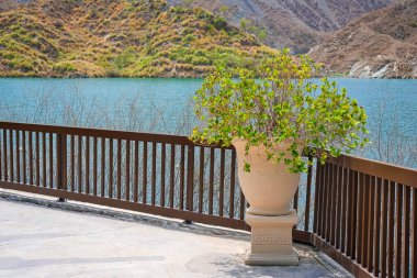 Kuzey Emirlikleri BAE 'nin dinlenme turistik bölgesinde arka planda bitki ve dağ göllü antik vazo ile ahşap korkuluk.