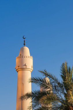 Müslüman İslami camiinin minaresi ya da mavi gökyüzü arka planı ve palmiye ağaçları üzerindeki mescidi. Geleneksel hilal, mimari dekoratif elementlere sahip minare kulesi
