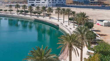 Abu Dabi, BAE 'nin yeni yerleşim bölgesinde yürüyüş yapmak için güzel kıvrımlı palmiye ağaçları ve göl suyu sıraları olan yürüyüş yolu..