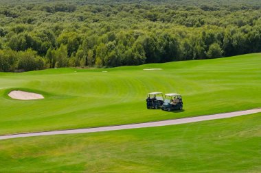 Golf arabaları golf sahasında yeşil çimen tarlası, sığınak ve doğal ağaçların arka planında delikler. Golf sahası, BAE.