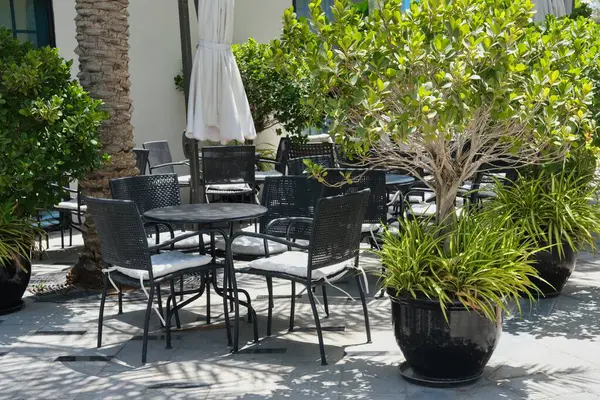 Boş restoranın ya da bistronun açık hava oturma alanı çiçek saksılarıyla çevrili. Teras ya da kafelerde yastıklı siyah masa ve sandalyeler..