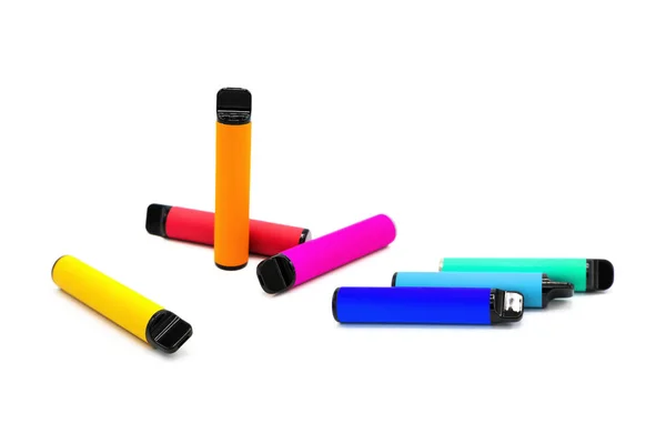 Uppsättning Färgglada Engångs Elektroniska Cigaretter Isolerade Vit Bakgrund Begreppet Modern — Stockfoto