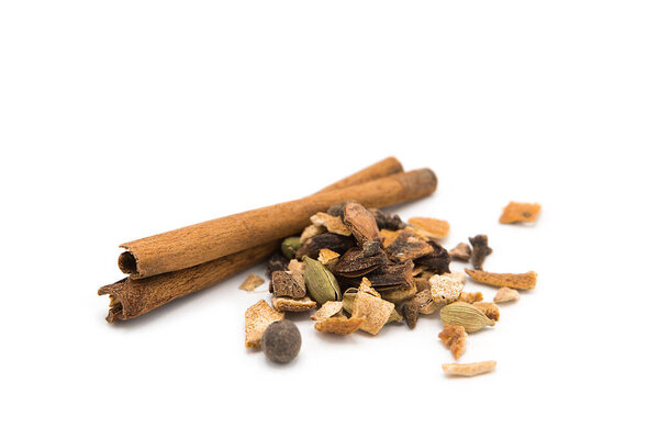 Spice mix isolated on white background. Spices for making mulled wine drink.