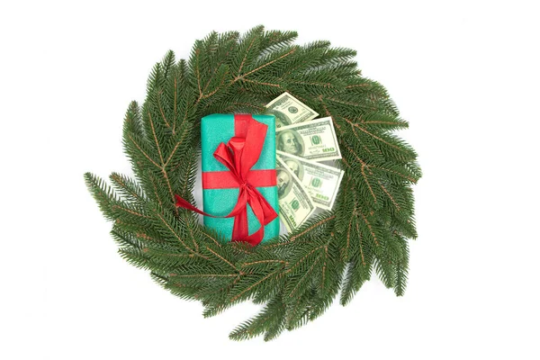 Celebratory Box Gift Banknotes Money Lie Spruce Wreath Isolated White — Stock Photo, Image