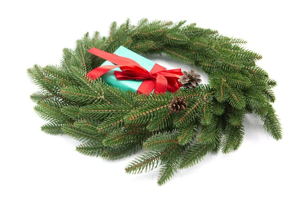 Christmas Spruce Wreath Cones Celebratory Box Gift Isolated White Background — Stock Photo, Image