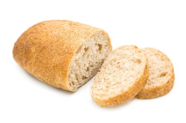 Ciabatta dilimi (İtalyan ekmeği) beyaz arka planda izole edilmiş. Boşluğu kopyala.