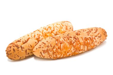 Freshly baked cheese sticks bun isolated on white background. Copy space.