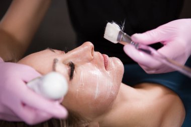 Beautician in a beauty salon applies a mask to a girl's face with a white brush. Skin care and rejuvenation procedures.