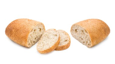 Half and slices ciabatta ( Italian bread ) isolated on white background. Copy space.