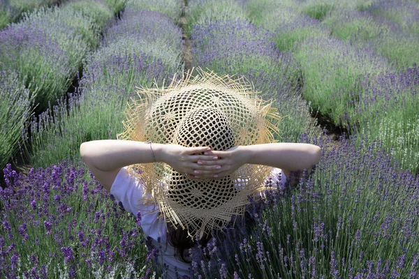 戴着草帽的女人坐在薰衣草地里 享受着芳香疗法 背景色 — 图库照片