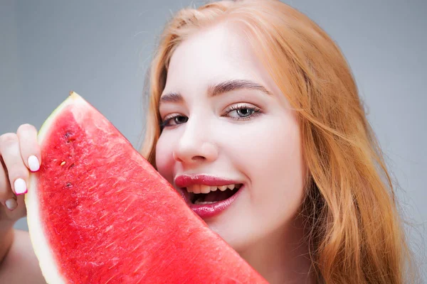 Happy Young Beautiful Woman Eating Watermelon Isolated Gray Background Healthy — 스톡 사진