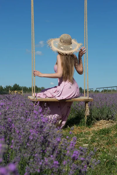 若い美しい女性がラベンダー畑でヴィンテージスイングに座っています バックビュー — ストック写真