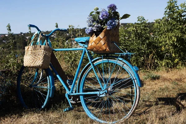 바구니에 꽃다발과 빈티지 자전거 — 스톡 사진