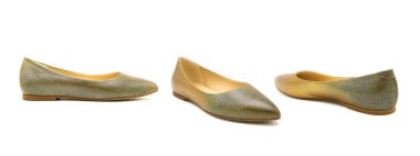 Beyaz arka planda izole edilmiş bukalemun renginde şık deri ayakkabılar. Her yönden görüntüle.