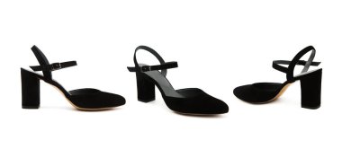 Beyaz arka planda izole edilmiş bir çift şık süet deri ayakkabı. Sandaletler. Her yönden görüntüle.