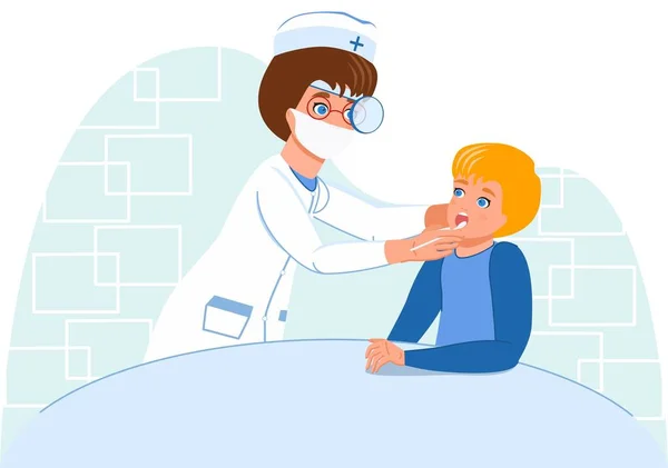 Otolaryngologist Doctor Examines Child Throat Drawing Graphics Mask Cartoon Character — Stock Vector