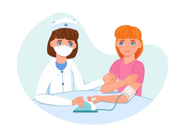 Kardiologe Misst Blutdruck Eines Jungen Mädchens Vektor Grafik Cartoon Illustration — Stockvektor