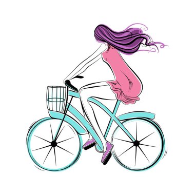 Kız bisiklete biniyor. Doğada eğlence. Sağlıklı bir yaşam tarzı. Siluet. Vektör. Beyaz arka planda doğrusal çizim. Çizgi film, düz çizim. 