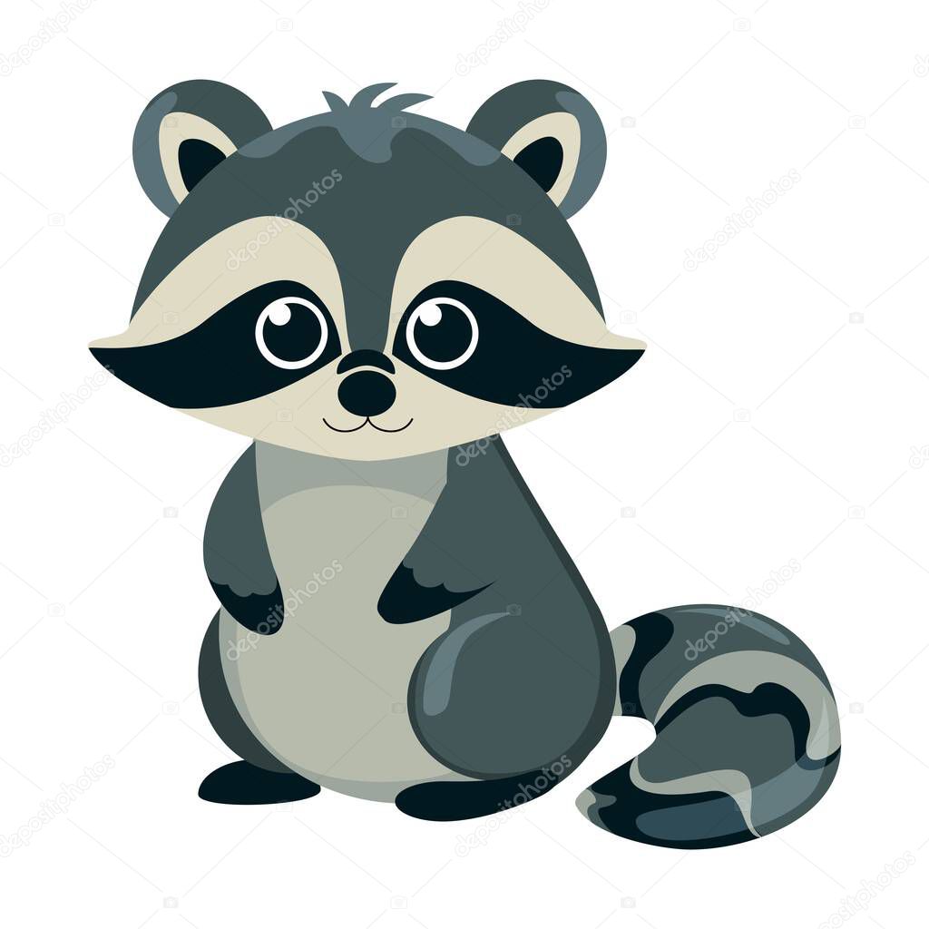 Baby raccoon. Cute, cartoonish wild animal. Mammalian animal. Striped raccoon standing on two paws. Vector drawing. White background