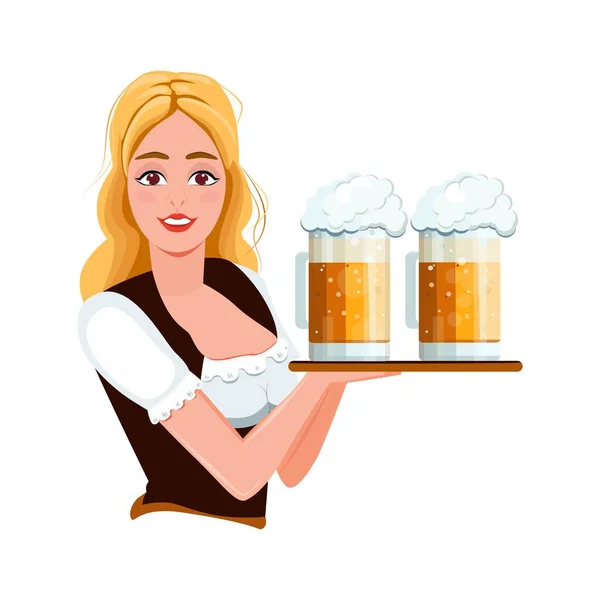 Journée Internationale Bière Oktoberfest Une Serveuse Tenant Des Verres Bière — Image vectorielle