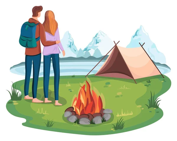 Camping Lake Tent Fire Couple Love Spending Weekend Nature Outdoor — Stock Vector